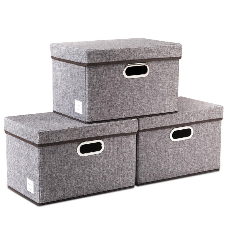 PRANDOM Foldable Storage Boxes with Lids [3-Pack] Linen Fabric Collapsible Storage Bins Organizer Containers Baskets Cube with Cover for Home Bedroom Closet Office Nursery (14.9x9.8x9.8) - Image 1
